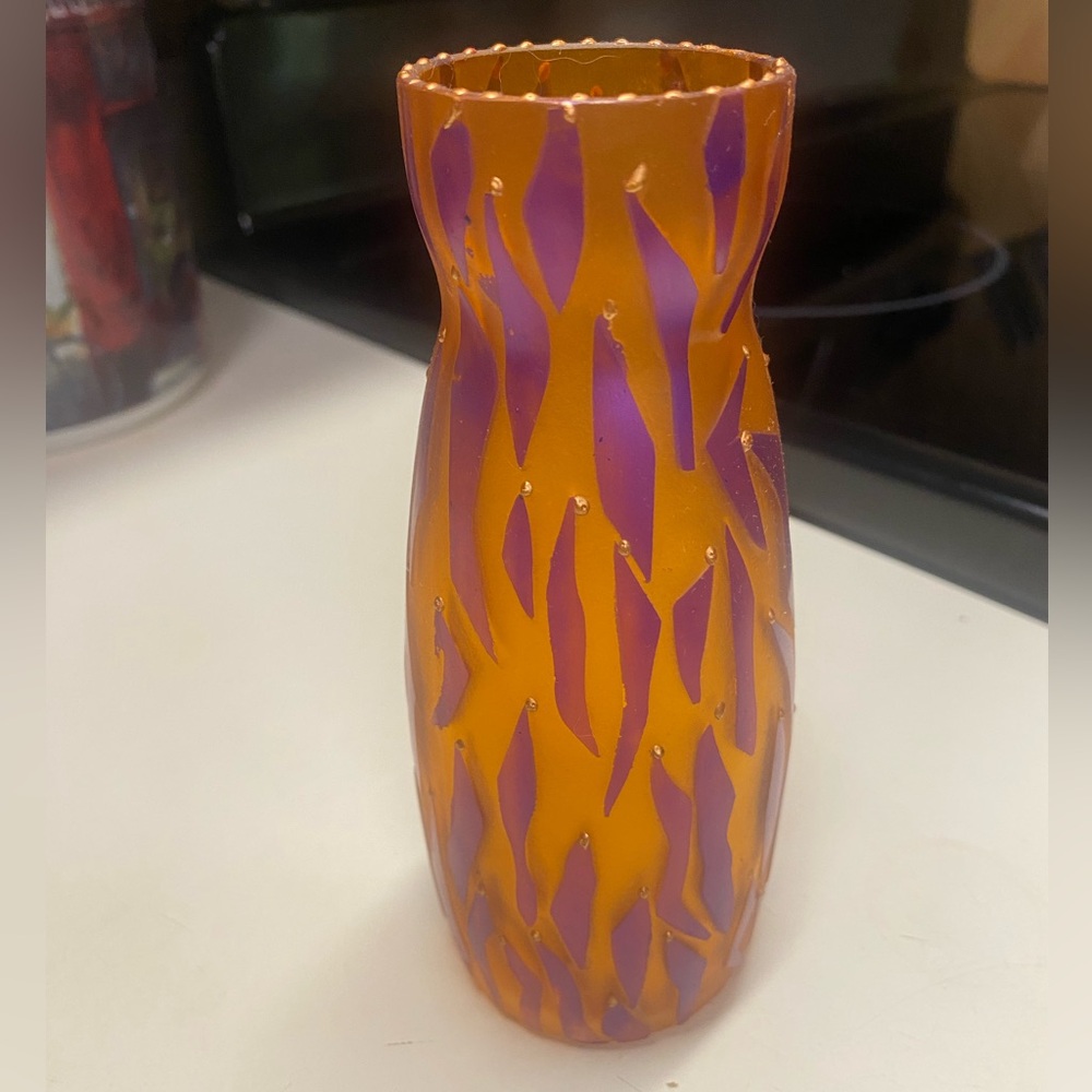 Antique Etched Art Nouveau Gold Accents Orange and Purple Decorative Glass Vase